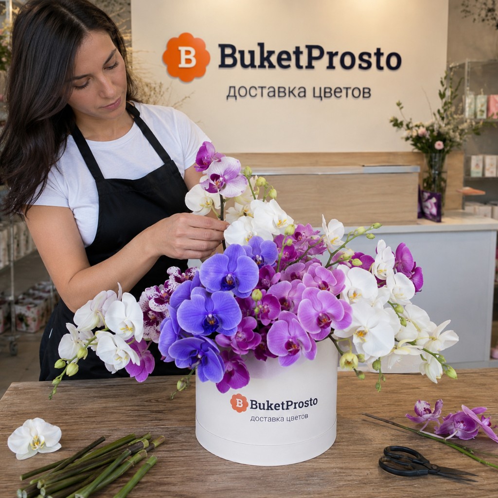 Флорист собирает букет орхидей в «Букет Просто»